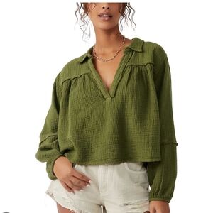 We The Free Yucca Khaki Double Cloth Textured Gauze Top Shirt Medium